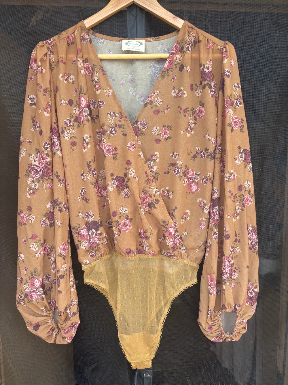 Joyfolie Mustard Floral Wrap-Front Long Sleeve Bodysuit